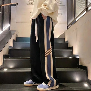 Aidase American Street Trendy Fashion Striped Contrasting Colors Casual Pants Elastic Waist Drawstring Pockets Loose Straight Trousers aidase-shop